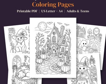 Cozy Gothic Halloween Coloring Pages, 40 Printable Adult Coloring Book PDF, Witchy Cat & Haunted Cottage Coloring Sheets, Digital Download
