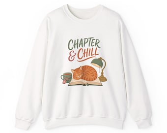 Chapter and Chill Sweatshirt, Cat Reading Crewneck, Orange Tabby Book Lover Gift, Cozy Bookish Cat Shirt