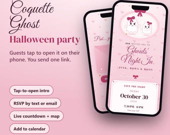Coquette Ghost Girls Night Halloween Invitation, Pink Bow Interactive Phone Invite with RSVP & Countdown, Editable Sleepover Evite