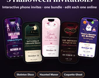 Halloween Invitation Bundle, 5 Editable Phone Invites with RSVP Countdown Map, Ghost Disco Masquerade Manor Party