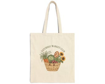 Saturday Market Club Tote Bag, Farmers Market Canvas Tote, Produce Basket Illustration, Reusable Grocery Bag Gift