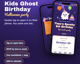 Cute Ghost Kids Halloween Birthday Invitation, Interactive Phone Invite with RSVP & Countdown, Editable Spooky Birthday Party Evite