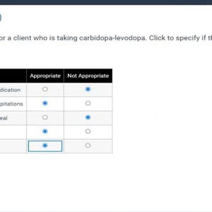 May include: A digital nursing examination question titled Question 27, featuring a table about carbidopa-levodopa medication education. The table lists five educational points with radio buttons to select if each is appropriate or not appropriate.