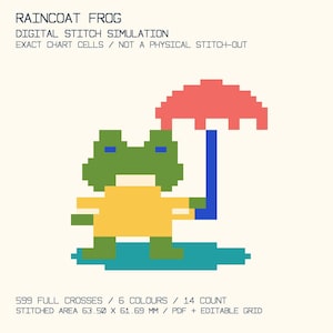 May include: A pixel art pattern titled RAINCOAT FROG DIGITAL STITCH SIMULATION. The graphic shows a green frog in a yellow raincoat holding a red umbrella over a teal puddle. Text includes 599 FULL CROSSES, 6 COLOURS, 14 COUNT, 63.50 X 61.69 MM.