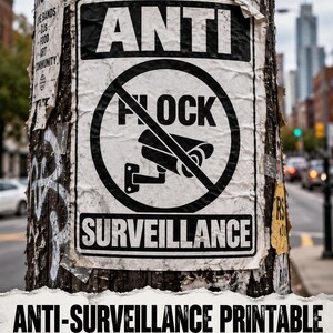 May include: A rectangular paper poster attached to a wooden utility pole. The poster features the text ANTI SURVEILLANCE in bold black letters and a graphic of a security camera inside a circle with a diagonal line through it, measuring 21.6 x 27.9 cm.