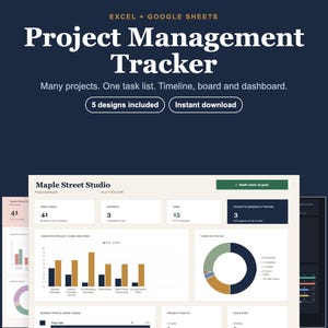 May include: A digital project management tracker for Excel and Google Sheets featuring a dashboard with bar charts, a donut chart, and task status metrics. The text reads: Excel + Google Sheets, Project Management Tracker, Many projects. One task list. Timeline, board and dashboard. 5 designs included, Instant download.
