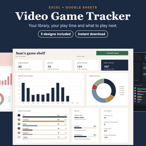 May include: A digital video game tracker template for Excel and Google Sheets featuring a dashboard with charts, graphs, and data tables. The interface displays game library statistics, play time, and progress tracking with a light beige background.