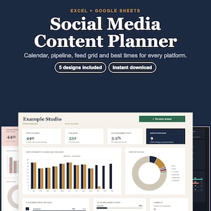 Planificador de contenido para redes sociales (hoja de cálculo para Excel y Google Sheets), calendario, hashtags, 5 diseños.