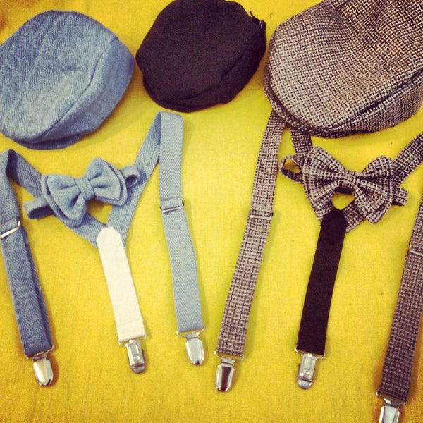 CUSTOMIZABLE Bowtie, Suspender, and Newsboy Hat Set:  infant-toddler sizes available. All items are adjustable. Featured on Disney Baby