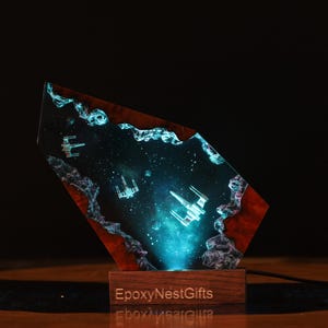 Handmade Galaxy Epoxy Resin Lamp, Wood Spaceship Night Light, Sci Fi Space Battle Lamp, Blue LED Desk Decor, Space Lover Gift for Him