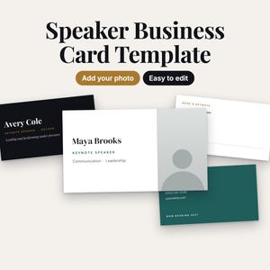May include: A digital business card template set featuring the text Speaker Business Card Template, Add your photo, and Easy to edit. The cards display names like Avery Cole and Maya Brooks, with placeholders for photos, contact details, and professional titles.