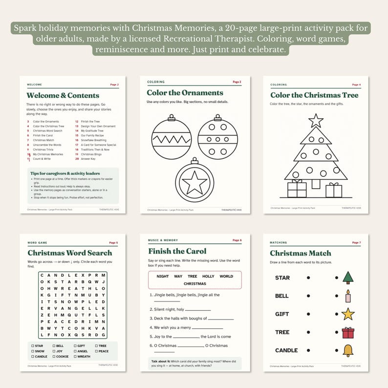 Senior Christmas Program Christmas Activities for Seniors, Large Print Dementia Activity Pack ...
