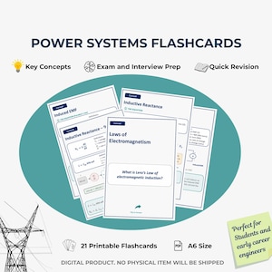 May include: Power Systems Flashcards featuring 21 printable cards with educational content on electromagnetism, induced EMF, and inductive reactance. The cards display technical equations, definitions, and concepts for study.