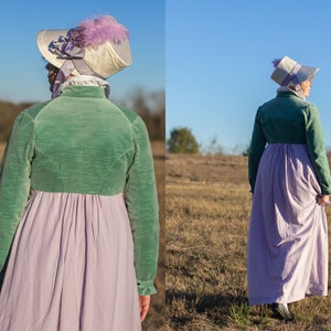 model is wearing a turquoise velvet Regency Spencer and walking away from the camera in an open field