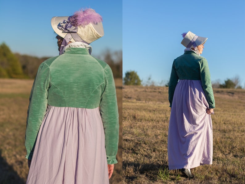 model is wearing a turquoise velvet Regency Spencer and walking away from the camera in an open field