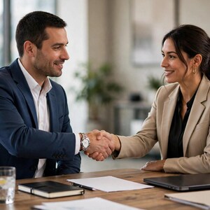 May include: A professional in a navy blue blazer and white shirt shakes hands with a professional in a beige blazer and black shirt. They are seated at a wooden desk with a laptop, notebooks, and a glass of water in an office setting.