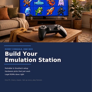 May include: A black wireless game controller sits on a wooden table in front of a television screen displaying a grid of twelve colorful pixel art icons, including a spaceship, a knight, a dragon, a submarine, and a rocket, with text below.