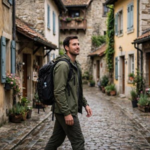 May include: A black backpack worn over an olive green jacket and dark olive trousers. The backpack features multiple compartments, adjustable straps, and a side pocket containing a small item, worn by an individual walking outdoors.