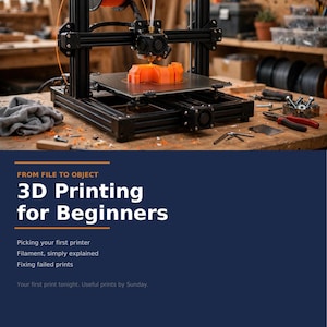 May include: A black 3D printer with an orange filament spool, printing an orange object on a metal build plate. The text reads: FROM FILE TO OBJECT, 3D Printing for Beginners, Picking your first printer, Filament, simply explained, Fixing failed prints, Your first print tonight. Useful prints by Sunday.