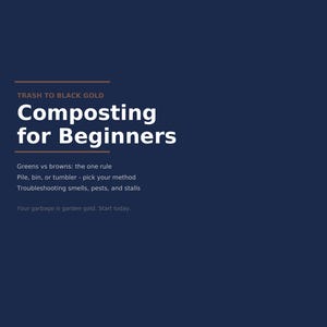 Peut inclure: Une affiche informative bleu foncé intitulée Trash to Black Gold Composting for Beginners. Le texte inclut Greens vs browns: the one rule, Pile, bin, or tumbler - pick your method, Troubleshooting smells, pests, and stalls, et Your garbage is garden gold. Start today.