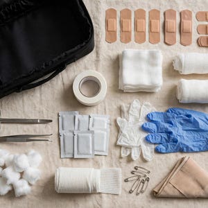 May include: A black medical kit bag containing various first aid supplies including adhesive bandages, gauze pads, medical tape, scissors, tweezers, cotton balls, white and blue disposable gloves, safety pins, and a folded beige triangular bandage.