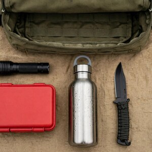 May include: An olive green tactical backpack with an open main compartment, a black flashlight, a rectangular red plastic storage case, a silver metal water bottle with a grey cap, and a black fixed-blade knife with a cord-wrapped handle.