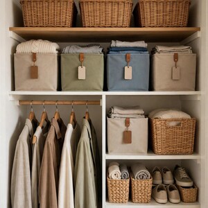 May include: A closet organisation system featuring woven wicker baskets on the top shelf, four fabric storage bins with leather-look tabs and blank tags, a wooden hanging rod with neutral-toned jackets, and additional baskets for shoes.