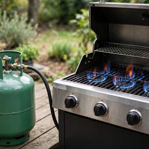 May include: A stainless steel gas grill with three active blue flames on the cooking grate, connected by a black hose to a cylindrical green propane tank with a metal valve assembly positioned on a wooden deck surface.