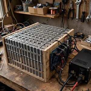 Può includere: Un grande pacco batteria rettangolare composto da numerose celle cilindriche argentate disposte a griglia, tenute all'interno di una cornice in legno chiaro. Una scheda elettronica blu è fissata sul lato, collegata a un alimentatore nero.