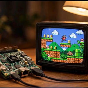 Może przedstawiać: Mały, czarny telewizor w stylu vintage wyświetlający kolorową grę wideo typu platformówka 8-bit, połączony czarnymi kablami z zieloną płytką drukowaną z wentylatorem i wieloma portami, umieszczony na drewnianej powierzchni.