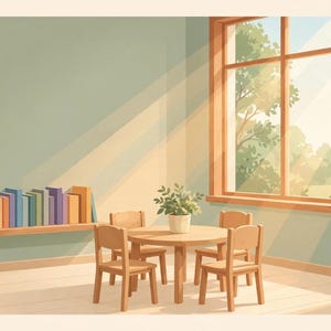 Könnte beinhalten: Ein runder Holztisch mit vier passenden Stühlen steht in einem Raum mit hellgrünen Wänden. Ein Regal enthält eine Reihe bunter Bücher und eine Topfpflanze steht auf dem Tisch. Ein großes Fenster lässt Sonnenlicht in den Raum.