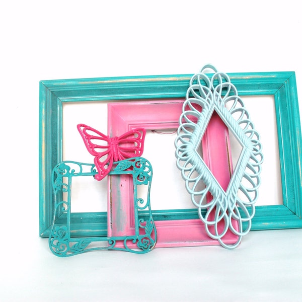 TEAL PINK FRAMES Set of 5- Upcycled Painted Ornate Frames With Burwood Butterfly Girls Bedroom Or Nursery
