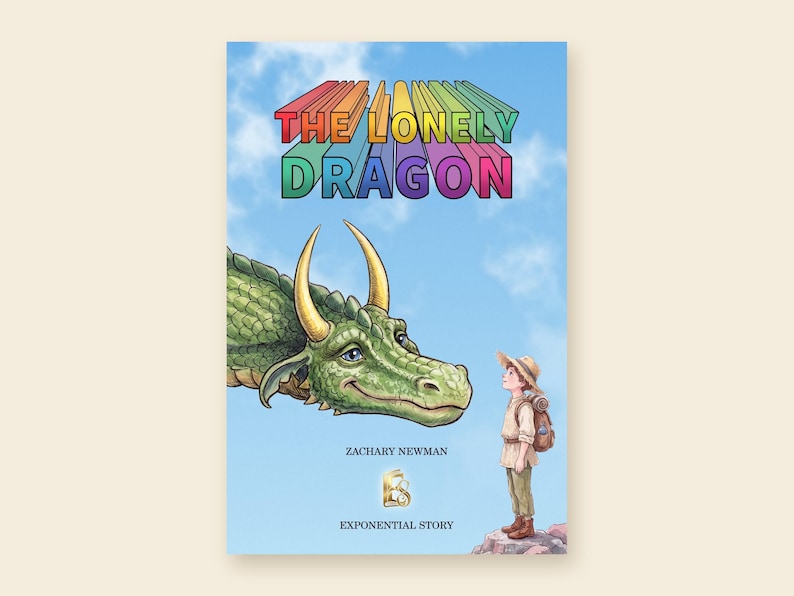 Puede incluir: Una portada de libro titulada The Lonely Dragon de Zachary Newman. La ilustraci&oacute;n muestra un gran drag&oacute;n verde con cuernos amarillos frente a un peque&ntilde;o viajero con sombrero y mochila. El fondo es un cielo azul claro con nubes blancas.