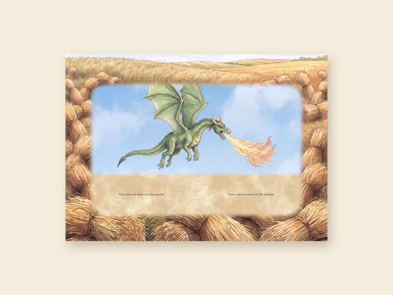 Puede incluir: Una ilustraci&oacute;n rectangular que muestra un drag&oacute;n verde con alas grandes escupiendo fuego naranja y amarillo contra un cielo azul. La imagen central est&aacute; enmarcada por un borde de gavillas de trigo color marr&oacute;n dorado, con texto al pie.