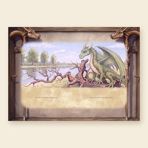 Puede incluir: Una ilustraci&oacute;n rectangular enmarcada por dos bastones de madera con cabezas de drag&oacute;n. La imagen central muestra un drag&oacute;n verde posado en una rama nudosa cerca de un r&iacute;o. La parte inferior contiene el texto: "Story text not shown in this preview."