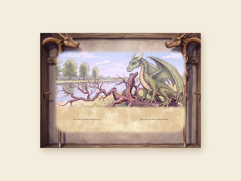 Puede incluir: Una ilustraci&oacute;n rectangular enmarcada por dos bastones de madera con cabezas de drag&oacute;n. La imagen central muestra un drag&oacute;n verde posado en una rama nudosa cerca de un r&iacute;o. La parte inferior contiene el texto: "Story text not shown in this preview."