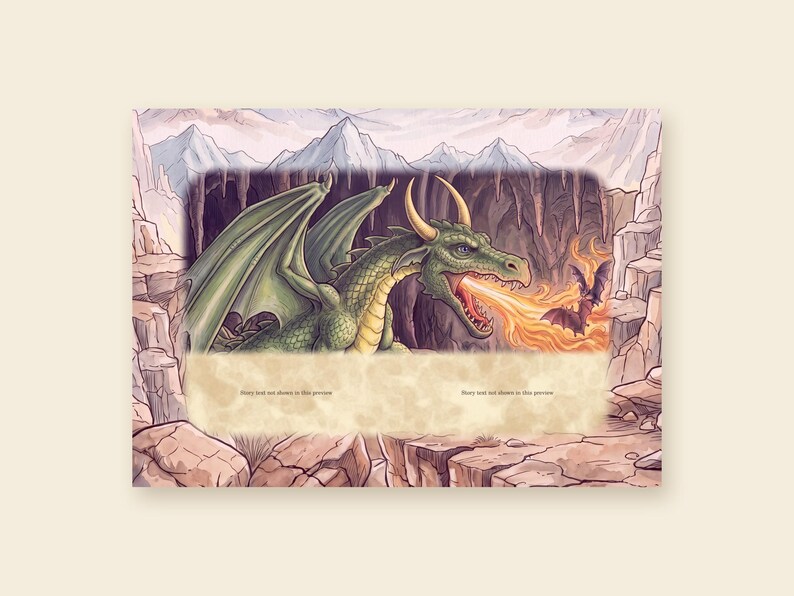 Puede incluir: Una ilustraci&oacute;n rectangular que muestra un drag&oacute;n verde con cuernos amarillos dentro de una cueva oscura, lanzando fuego naranja hacia dos peque&ntilde;os murci&eacute;lagos. La escena est&aacute; enmarcada por picos rocosos e incluye un cuadro de texto color pergamino.
