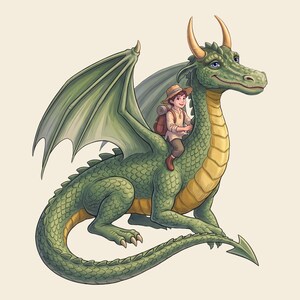 Puede incluir: Un drag&oacute;n verde con grandes alas, cuernos amarillos y cuerpo escamoso est&aacute; sentado mientras lleva a un peque&ntilde;o viajero en su espalda. El viajero lleva un sombrero beige, una camisa clara, pantalones marrones y una mochila de viaje.