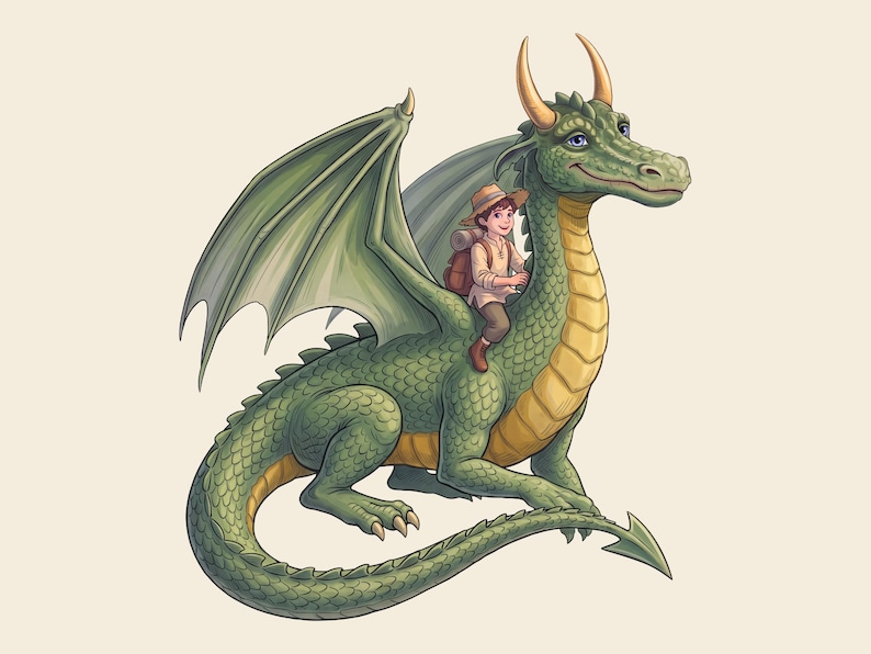 Puede incluir: Un drag&oacute;n verde con grandes alas, cuernos amarillos y cuerpo escamoso est&aacute; sentado mientras lleva a un peque&ntilde;o viajero en su espalda. El viajero lleva un sombrero beige, una camisa clara, pantalones marrones y una mochila de viaje.