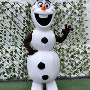 May include: A full-body mascot costume of a snowman character featuring a white rounded body with three black circular buttons, brown stick-like arms, a carrot-shaped orange nose, large eyes, and a wide mouth with two teeth.