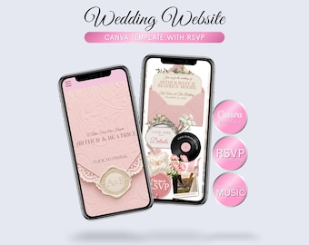 Modèle de site web de mariage rose et ivoire avec RSVP, compte à rebours et invitation numérique personnalisable (Canva).