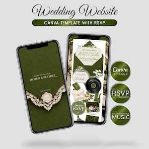 Pode incluir: Dois smartphones exibindo um modelo de site de casamento Canva com esquema de cores verde escuro, detalhes em renda e gráficos de selo de cera. As telas mostram texto incluindo Wedding Website, Arthur & Beatrice e RSVP. Três emblemas circulares indicam Canva Editable, With RSVP Tracking e With Background Music.