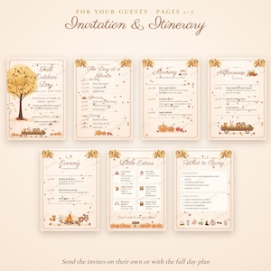 May include: A seven-page invitation and itinerary set for a fall outdoor event. The cards feature autumn-themed illustrations like trees, pumpkins, and wagons, with text detailing schedules, morning, afternoon, and evening activities, plus a list of items to bring.