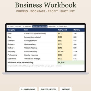 Wedding Photographer Business Spreadsheet, Google Sheets Template, Photography CRM, Booking Tracker, CODB Pricing Calculator, Shot List image 1