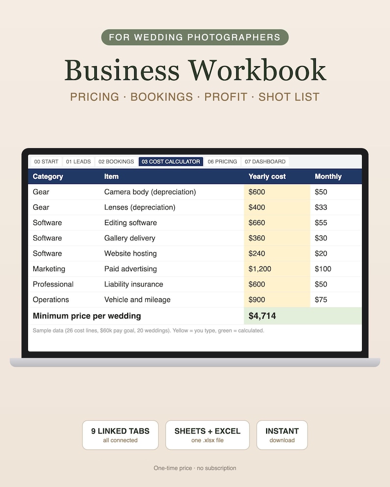 Wedding Photographer Business Spreadsheet, Google Sheets Template, Photography CRM, Booking Tracker, CODB Pricing Calculator, Shot List image 1