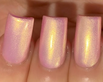 NEW- Peony Pink Glow- Pink Gold Yellow Orange "Glow Pop Coll Pt. 9" MultiColor Shifting: Mylar Oil Slick/ Polish Me Silly Indie Nail Polish