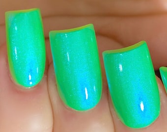 Slimey Glow - Neon Green Blue "NEON Glow Pop Collection" MultiColor Shifting: Mylar Oil Slick / Polish Me Silly Indie Nail Polish