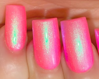 Ready Set Glow - Neon Pink Blue Green "NEON Glow Pop Collection" MultiColor Shifting: Mylar Oil Slick / Polish Me Silly Nail Polish