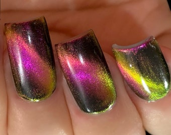 Electromagnetic - Magnetic Multi-chrome Fuchsia Orange Gold Yellow Green Nail Polish Multi Color Shifting: Oil Slick / Polish Me Silly