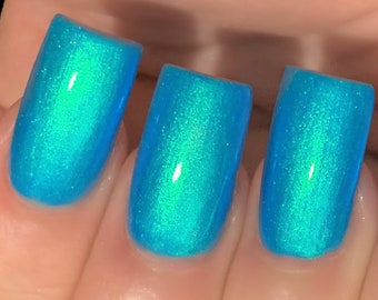 Atomic Aqua Glow - Neon Blue Green "NEON Glow Pop Collection" Multi-Color Shifting: Mylar Oil Slick / Polish Me Silly Nail Polish